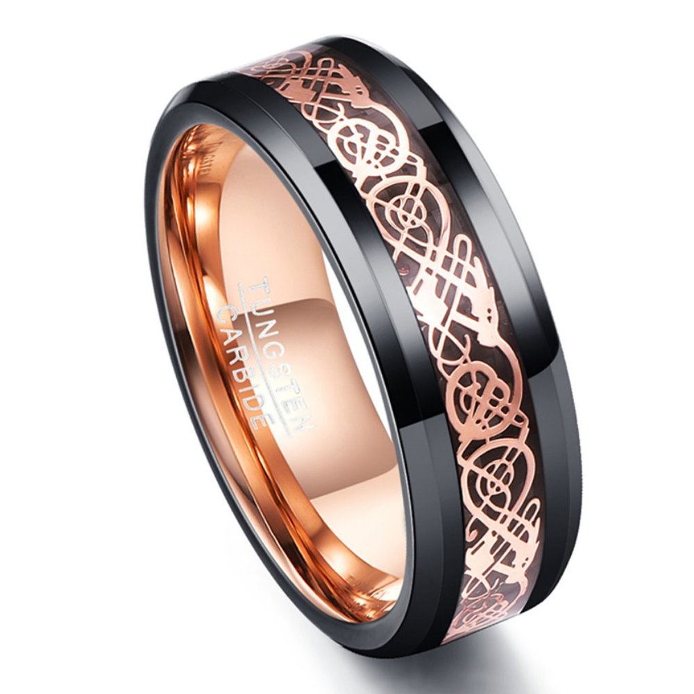 Mens Tungsten Wedding Band (8mm). Celtic Ring - Black w Rose Gold Inside and Top